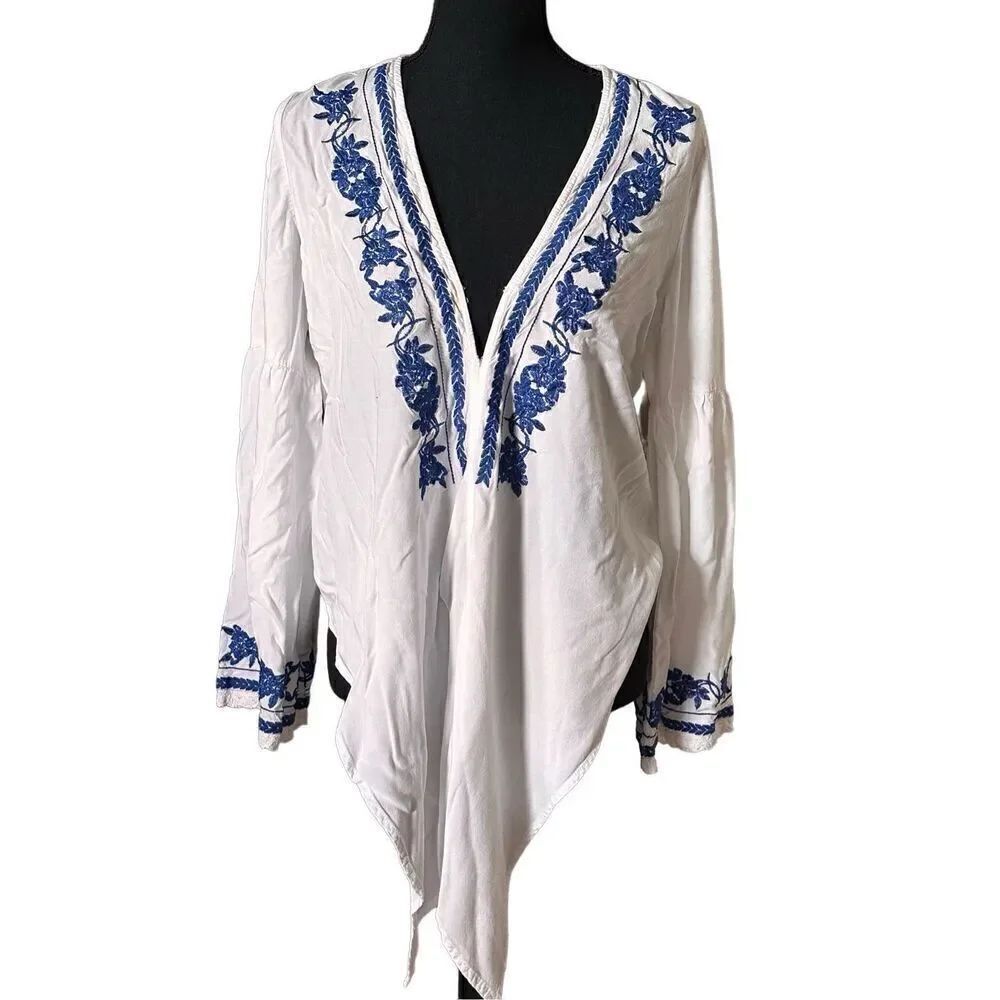 Lovestitch Boho Embroidered Trim Front Tie Beach Cover-Up Top Size Medium